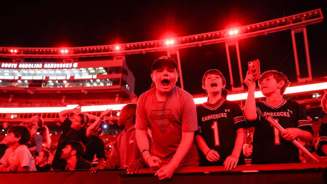 South Carolina fans cheer on the Gamecocks during the Garnet and Black Spring Game in Columbia on Friday, April 18, 2025.


