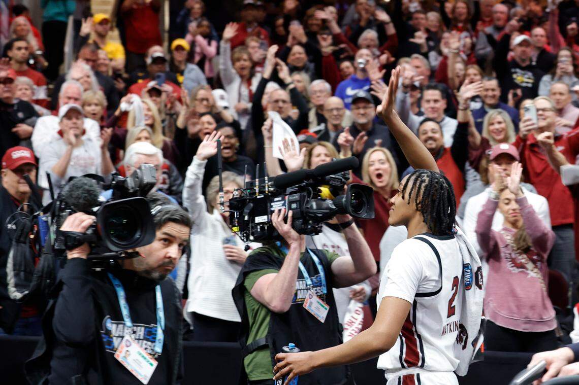 South Carolina’s Ashlyn Watkins (2) walks of the court to applause after the Gamecocks beat NC State, 78-59 to advance to the championship game during the Final Four game at Rocket Mortgage FieldHouse in Cleveland, Ohio on Friday April 5, 2024.