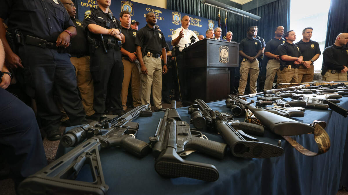 Guns shown at an April press conference include weapons seized by Columbia police and the Richland County sheriff's department.