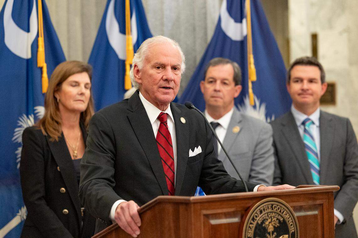 S.C. Gov. Henry McMaster speaks about a human trafficking victim protection bill before a ceremonial bill signing in the lobby of the State House on Thursday, Aug. 15, 2024.