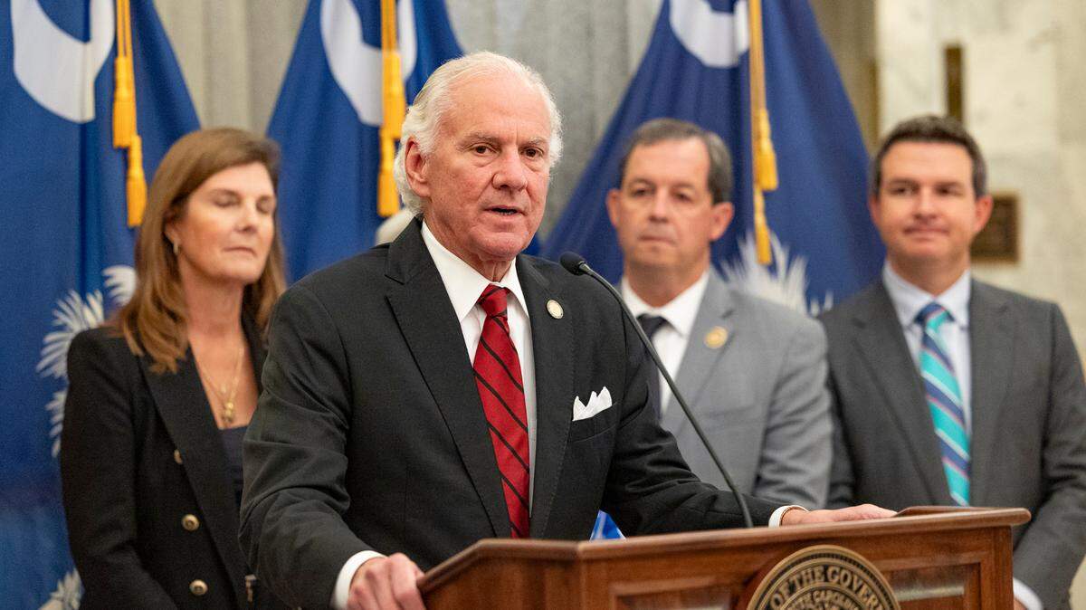S.C. Gov. Henry McMaster speaks about a human trafficking victim protection bill before a ceremonial bill signing in the lobby of the State House on Thursday, Aug. 15, 2024.
