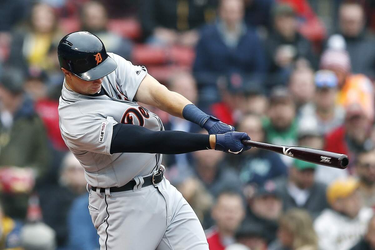 Detroit Tigers’ Grayson Greiner follows through on his solo home run during the fifth inning of the first game of a baseball doubleheader against the Boston Red Sox in Boston, Tuesday, April 23, 2019. (AP Photo/Michael Dwyer)