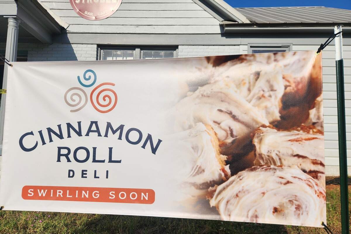 A sign at 309 S. Lake Drive in Lexington notes that Cinnamon Roll Deli will be “swirling soon” at that location. The opening date is June 29.