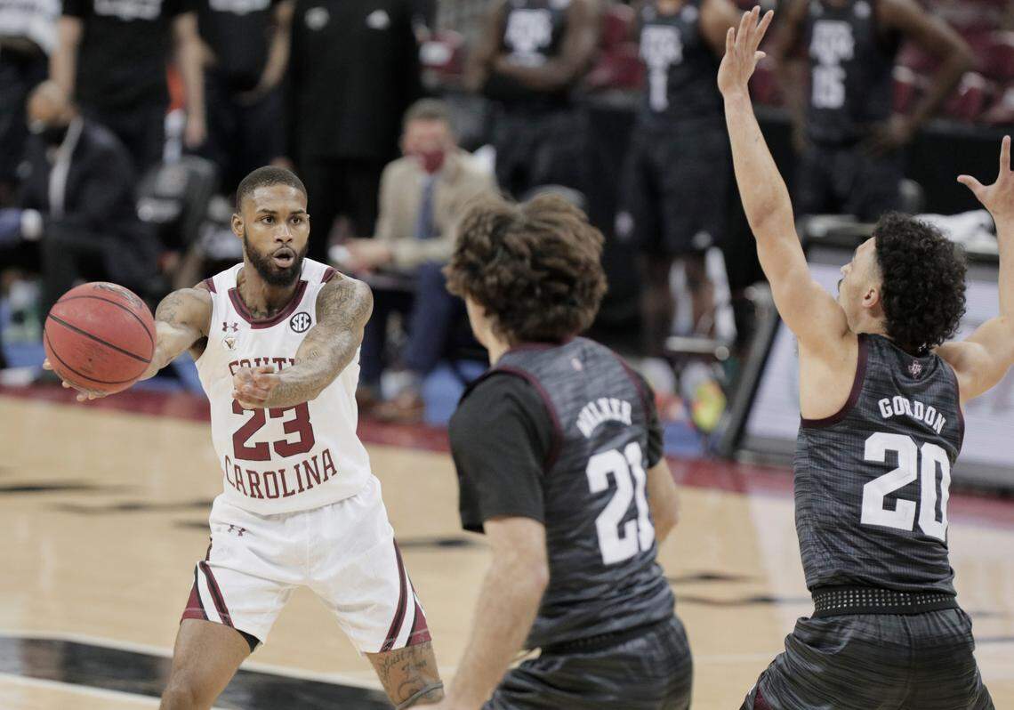 South Carolina Gamecocks guard Seventh Woods (23) passes during the game against Texas A&M at Colonial Life Arena on Wednesday, January 6, 2021.