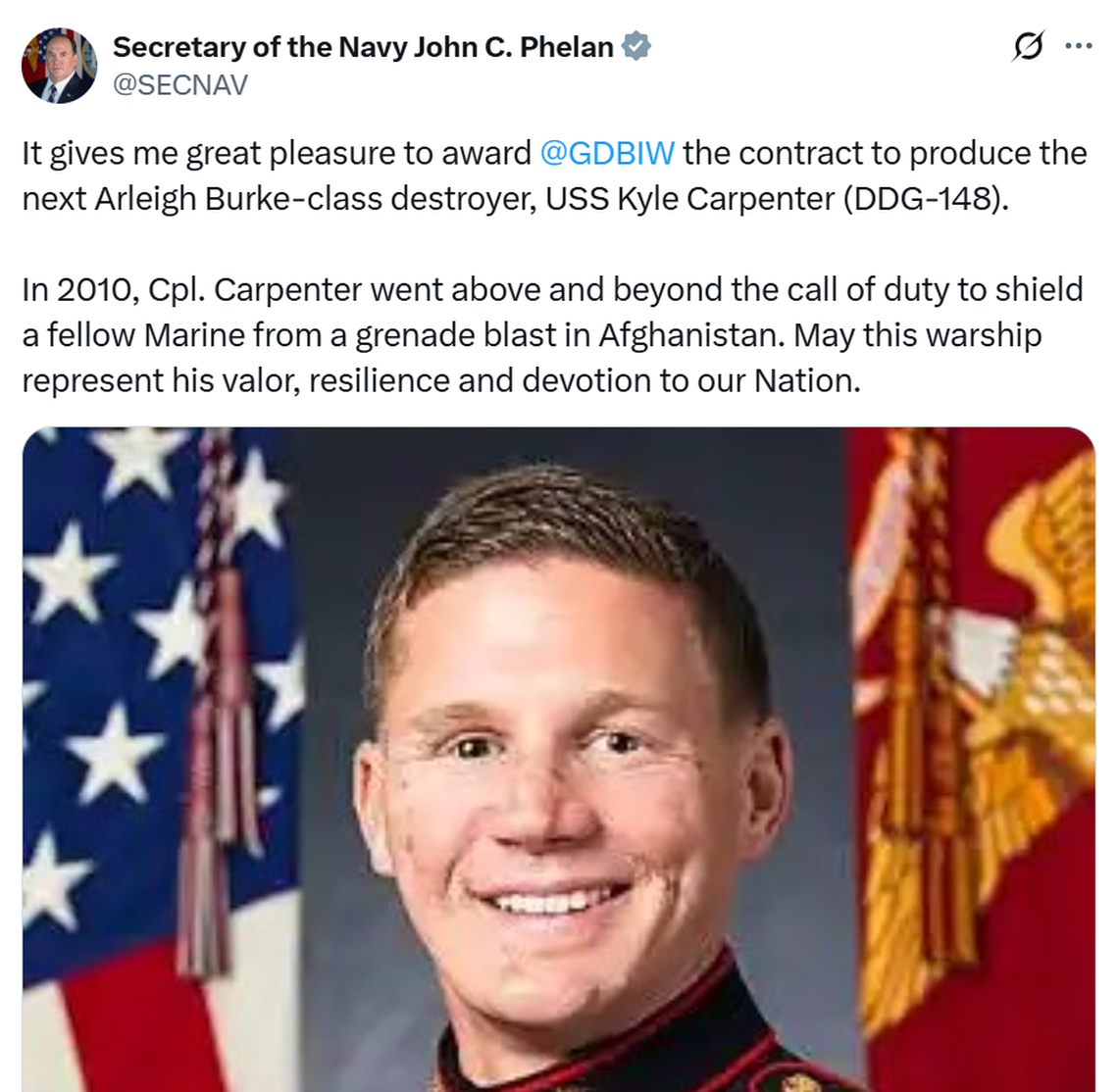 Announcement from Secretary of the Navy John Phelan about the naming of the USS Kyle Carpenter.