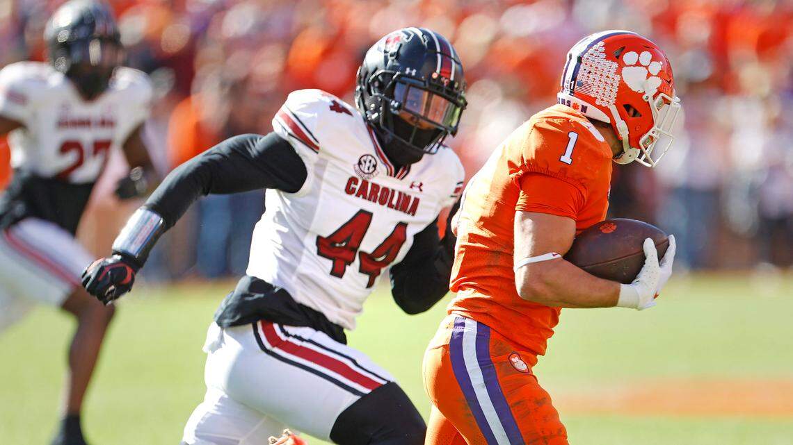 South Carolina Gamecocks linebacker Sherrod Greene (44) chases Clemson Tigers running back Will Shipley (1) on Saturday, November 26, 2022.