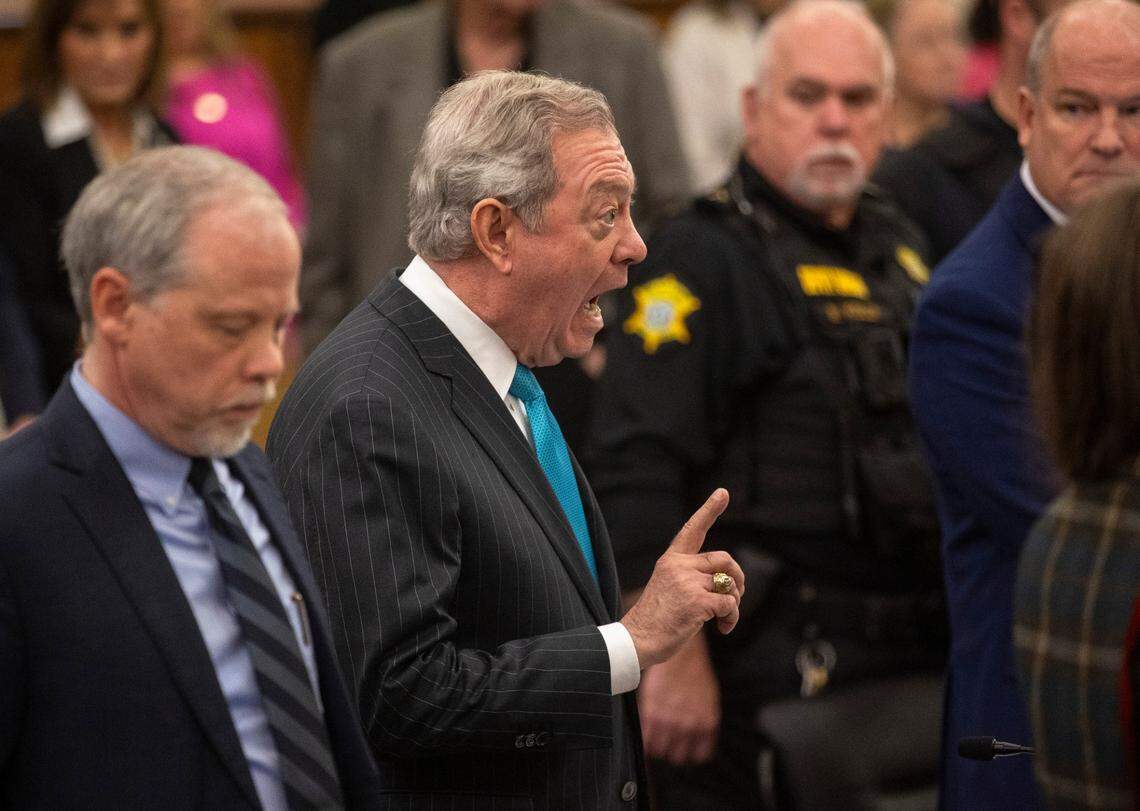 Defense attorney Dick Harpootlian reacts to judge Jean Toal during the Alex Murdaugh jury-tampering hearing at the Richland County Judicial Center on Monday, January 29, 2024 in Columbia, South Carolina. The hearing allegations against Colleton County Clerk of Court Rebecca “Becky” Hill ruled by former S.C. Chief Justice Jean Toal.