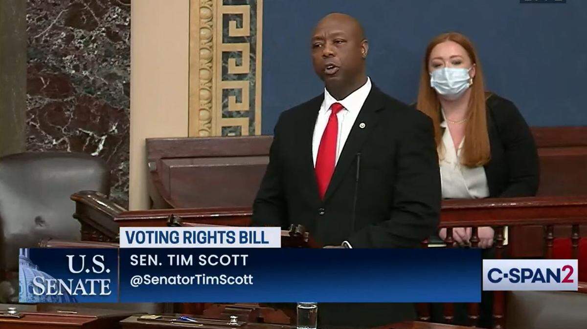 U.S. Sen. Tim Scott, R-S.C., delivers an impassioned speech on voting rights on Wednesday, Jan. 20, 2022. Scott, the only Black Republican U.S. Senator, took issue with Democrats comparing voting laws in places like Georgia to the segregationist Jim Crow era.