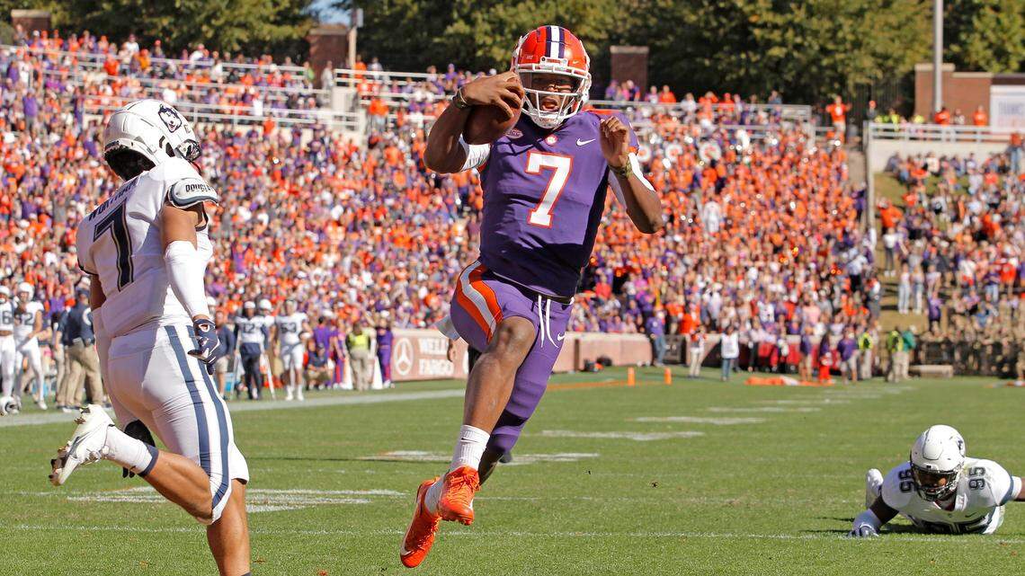 Clemson quarterback Taisun Phommachanh (7) scores a touchdown against UConn during second-quarter action in Clemson, S.C. on Saturday, Nov. 13, 2021.