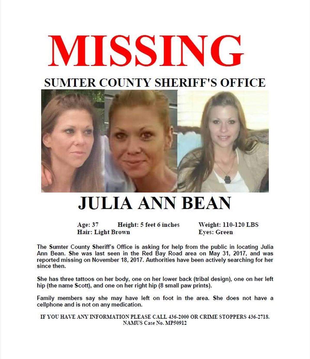 Julia Ann Bean was last seen in May 2017, according to the Sumter County Sheriff’s Office.