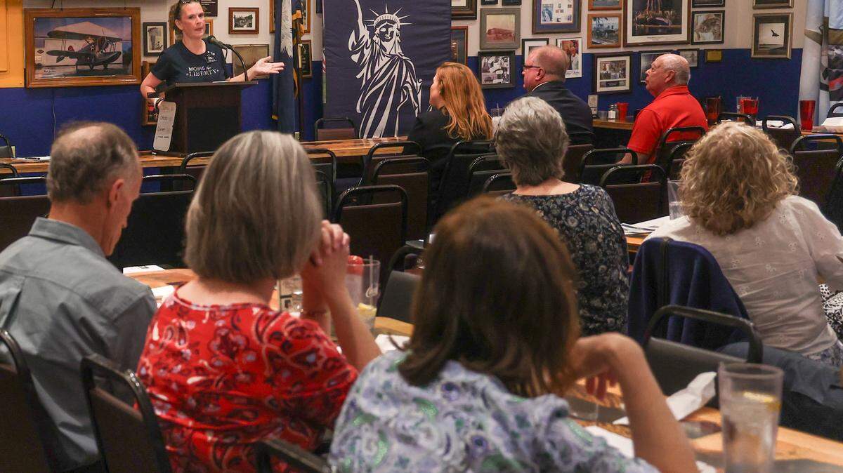 Dawn Pierce, Lexington County Chapter Chair for Moms for Liberty, speaks during a meeting of Moms for Liberty at The Flight Deck in Lexington on Monday, Sept. 15, 2025.
