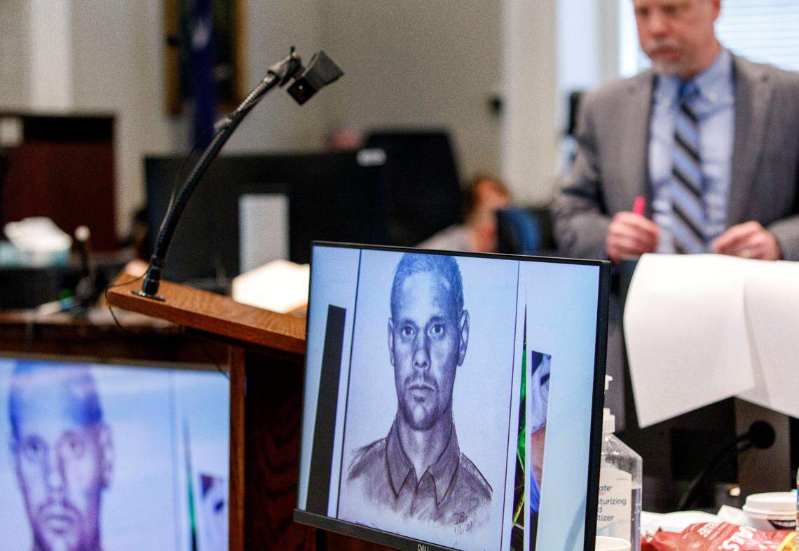 Prosecutor Creighton Waters posts a composite sketch Alex Murdaugh helped investigators compose of the fictitious suspect Murdaugh claimed shot him in a bizarre roadside incident in September 2021, displayed as evidence in his trial at the Colleton County Courthouse in Walterboro, Thursday, Feb. 16, 2023. Grace Beahm Alford/The Post and Courier/Pool