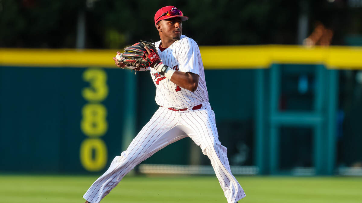 South Carolina Gamecocks second baseman Michael Braswell (7) turns a double play against the Central Conn. St. Blue Devils during their 2023 NCAA Columbia Regional game at Founders Park in Columbia, SC, Friday, June 2, 2023.