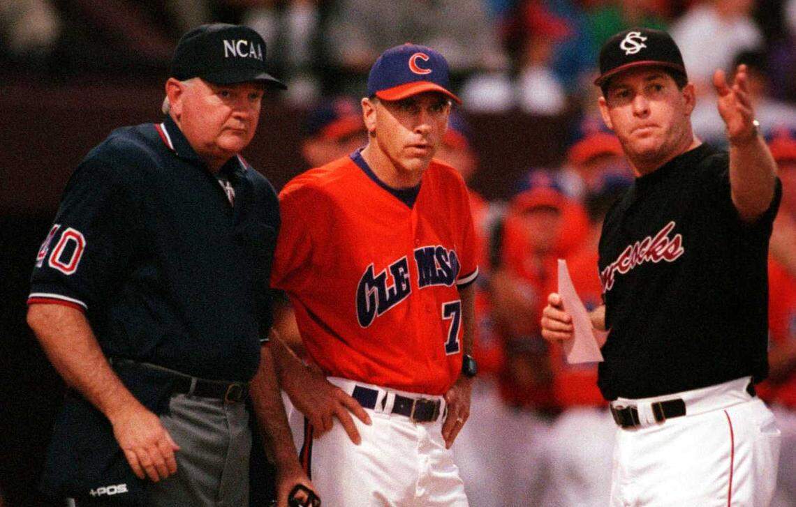From 1998: USC baseball head coach Ray Tanner and Clemson coach Jack Leggett before the start of a game at Sarge Frye Field.