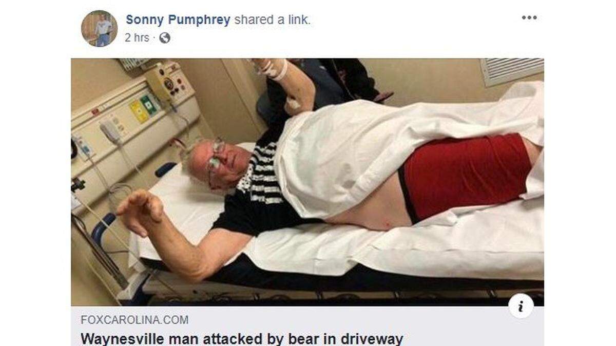 This screenshot shows Sonny Pumphrey in the hospital after he was attacked by a bear.