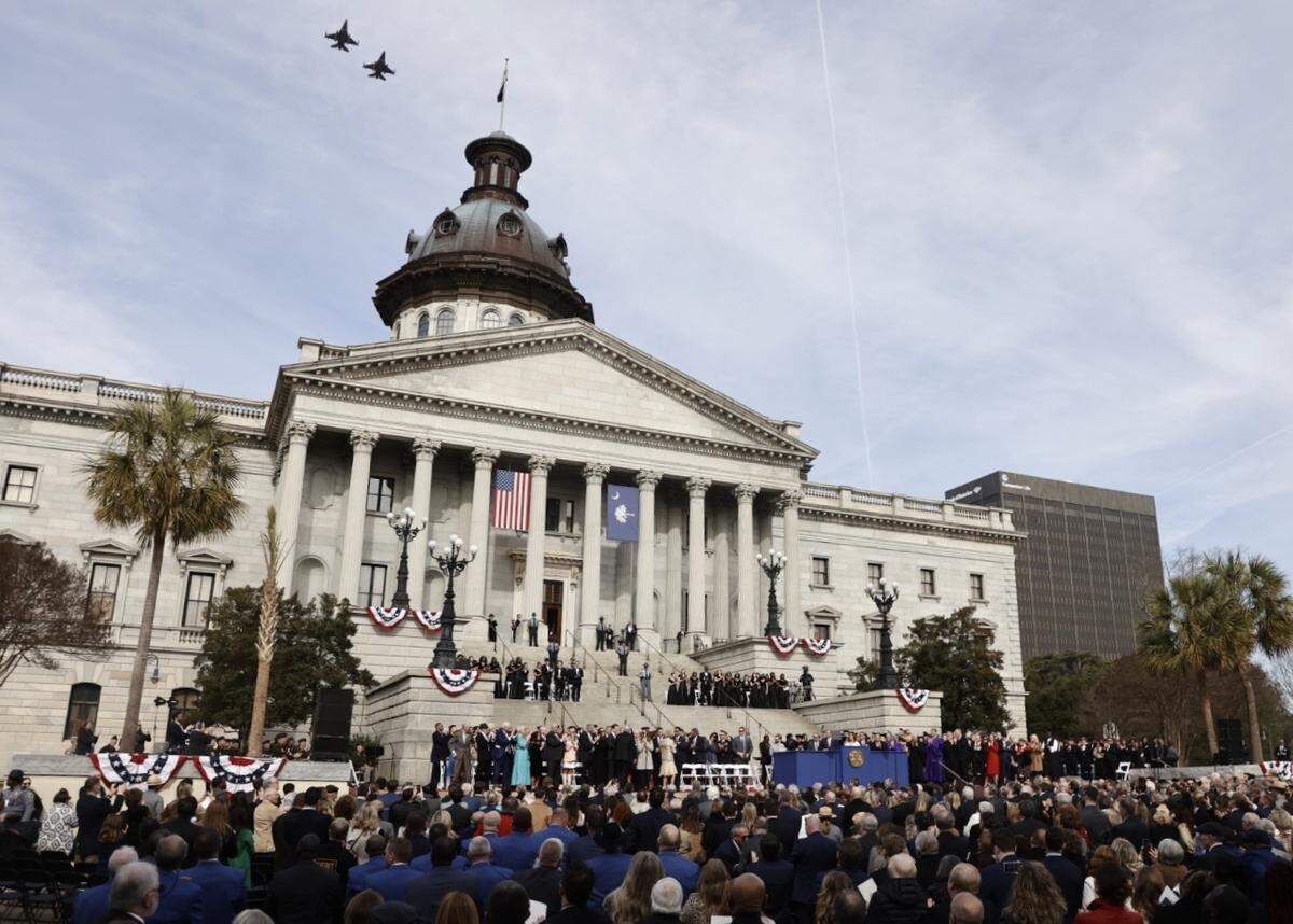 Fighter jets fly over the inauguration ceremony for S.C. Gov. Henry McMaster on Wednesday, Jan. 11, 2023, in Columbia, S.C.