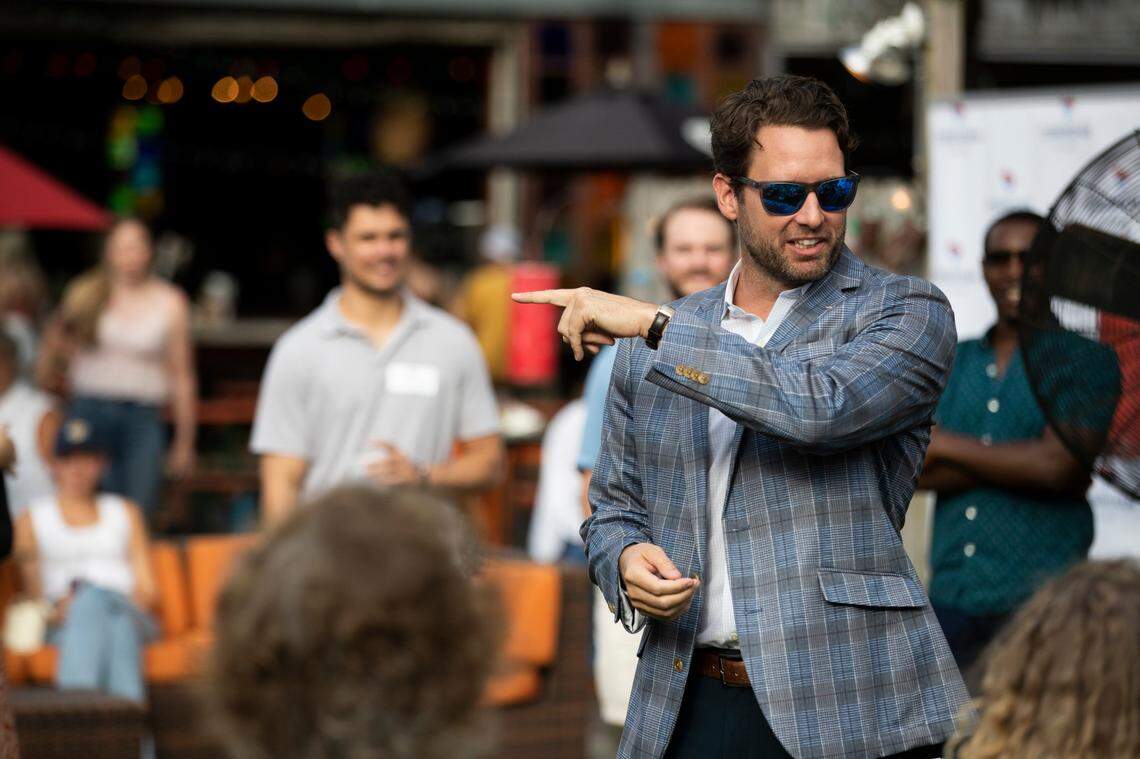 Joe Cunningham, a candidate in the Democratic primary for South Carolina governor, campaigns on his fortieth birthday at Taco Boy in Charleston, South Carolina on Thursday, May 26, 2022.