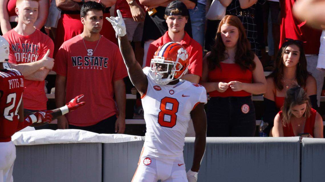 Clemson wide receiver Justyn Ross (8) celebrates after scoring on a 32-yard touchdown reception during the first half of N.C. Stateís game against Clemson at Carter-Finley Stadium in Raleigh, N.C., Saturday, Sept. 25, 2021.
