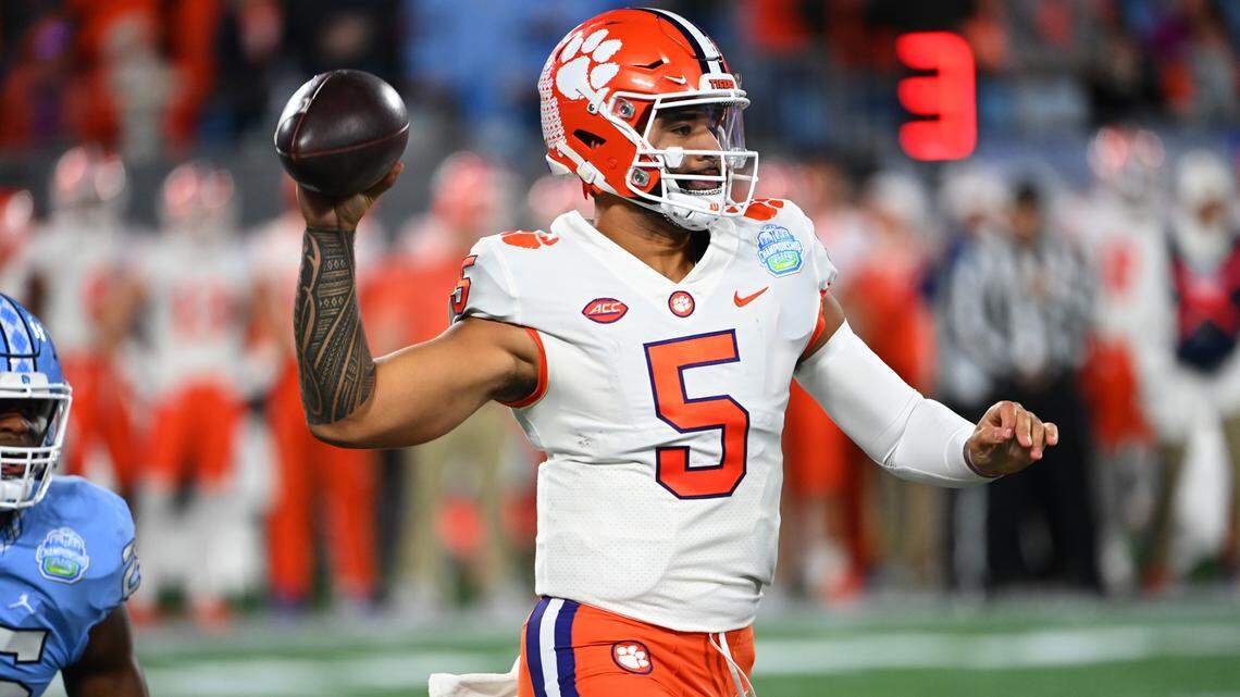 Quarterback DJ Uiagalelei (5) throws during Clemson’s 2022 ACC championship game against North Carolina.