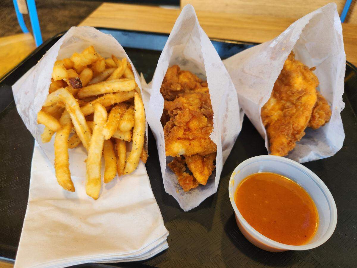 Four chicken tenders and fries from Cocky Rooster in Five Points