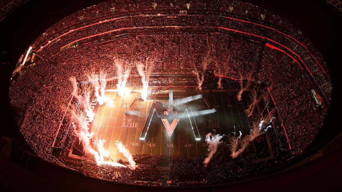 Fireworks illuminate the stage during halftime of the NFL Super Bowl 53 football game between the Los Angeles Rams and the New England Patriots Sunday, Feb. 3, 2019, in Atlanta. (AP Photo/Morry Gash)