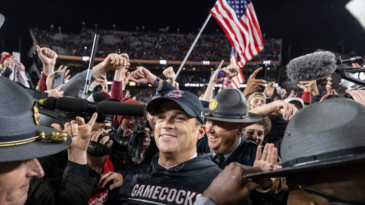 South Carolina Gamecocks head coach Shane Beamer celebrates with fans following his team’s win of Tennessee at Williams-Brice Stadium in Columbia, SC on Saturday, Nov. 19, 2022.