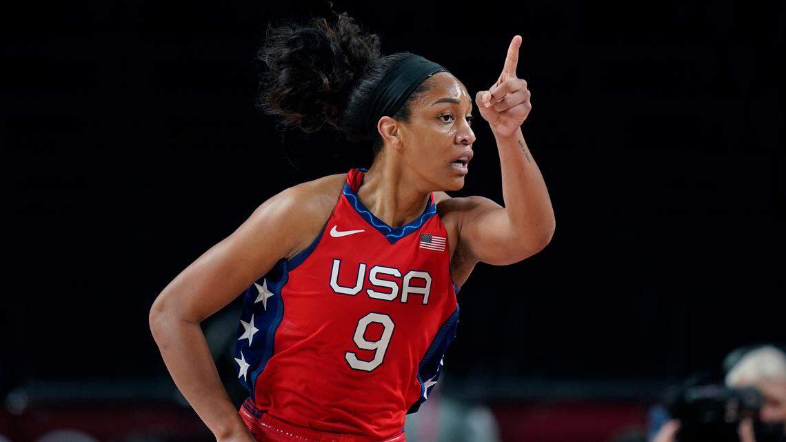 United States’s A’Ja Wilson (9) during a women’s basketball quarterfinal game against Australia at the 2020 Summer Olympics, Wednesday, Aug. 4, 2021, in Saitama, Japan. (AP Photo/Eric Gay)