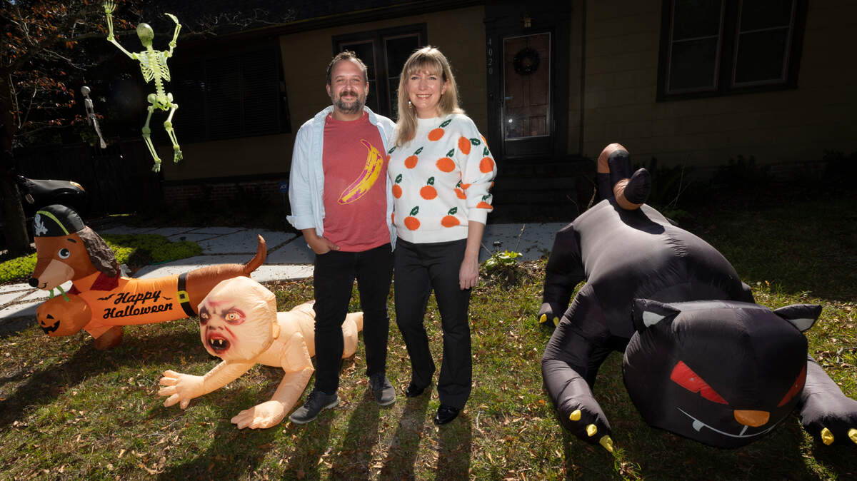 Nathaniel Bell and his fiancé Sarah Kelley are in trouble with Columbia code enforcement about their halloween decorations. The citation to remove the decorations or be fined or face jail time declares the embracing skeletons, that they purchased on Amazon, as lewd and a common nuisance. Thursday Oct. 27, 2022.