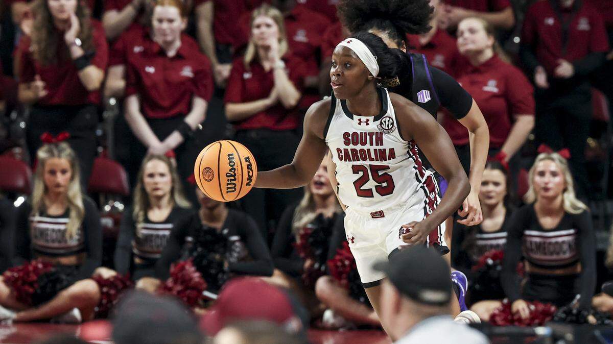 South Carolina's Raven Johnson (25) brings the ball down court during the second half of action of their women's basketball game against Grand Canyon at Colonial Life Arena on Monday, Nov. 3, 2025.