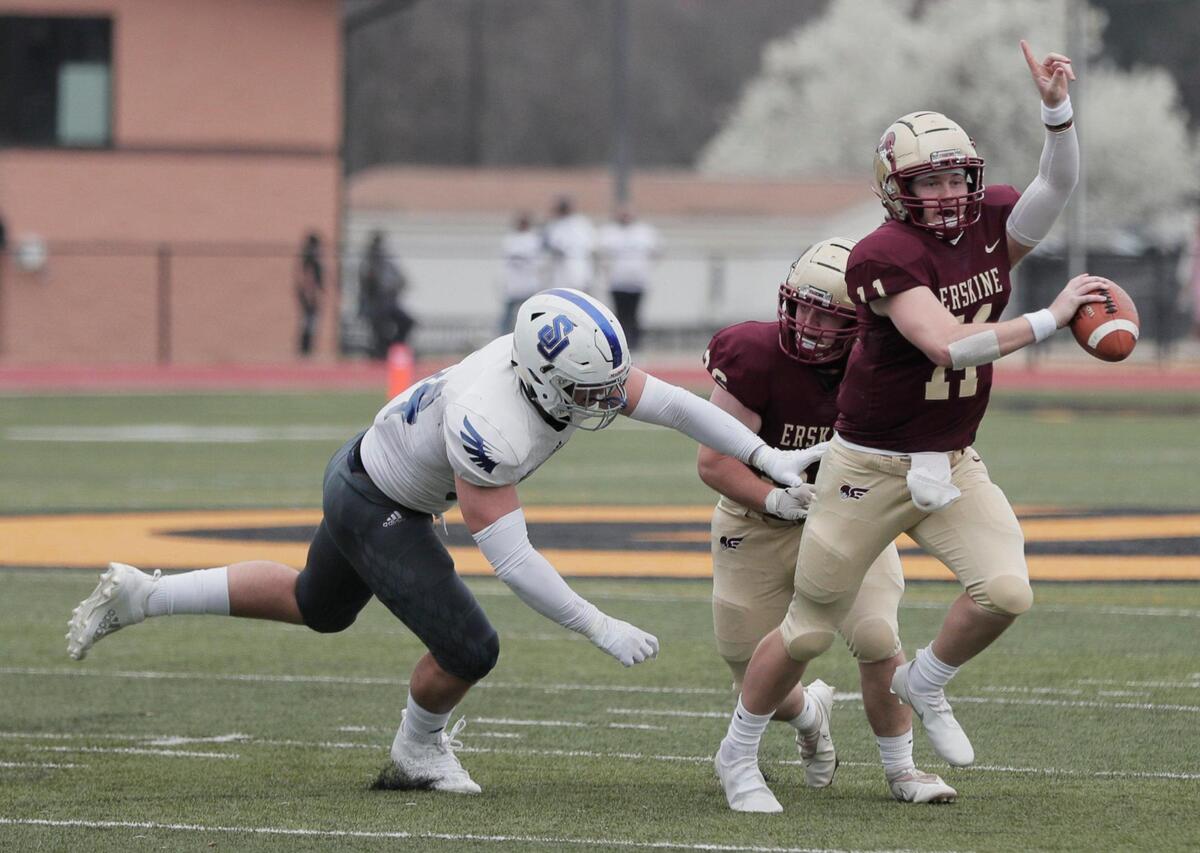Erskine College’s Craig Pender 11 calls for help during the game against Shorter University on Saturday, March 13, 2021.