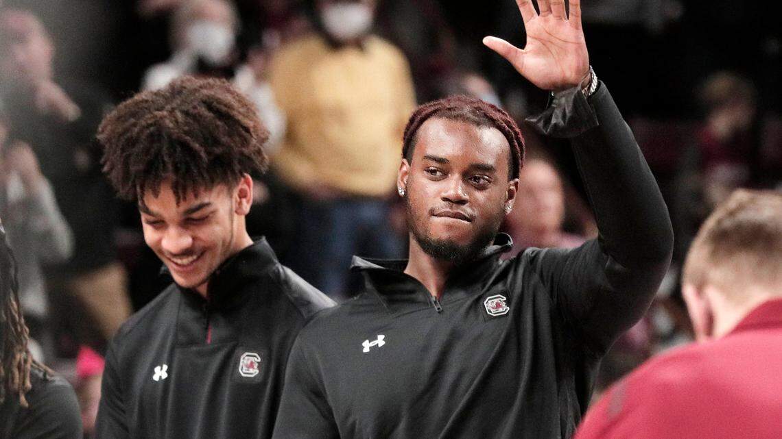 South Carolina transfer defensive lineman Terrell Dawkins is introduced to the crowd during halftime of South Carolina’s game against Florida on Saturday, January 15, 2022.