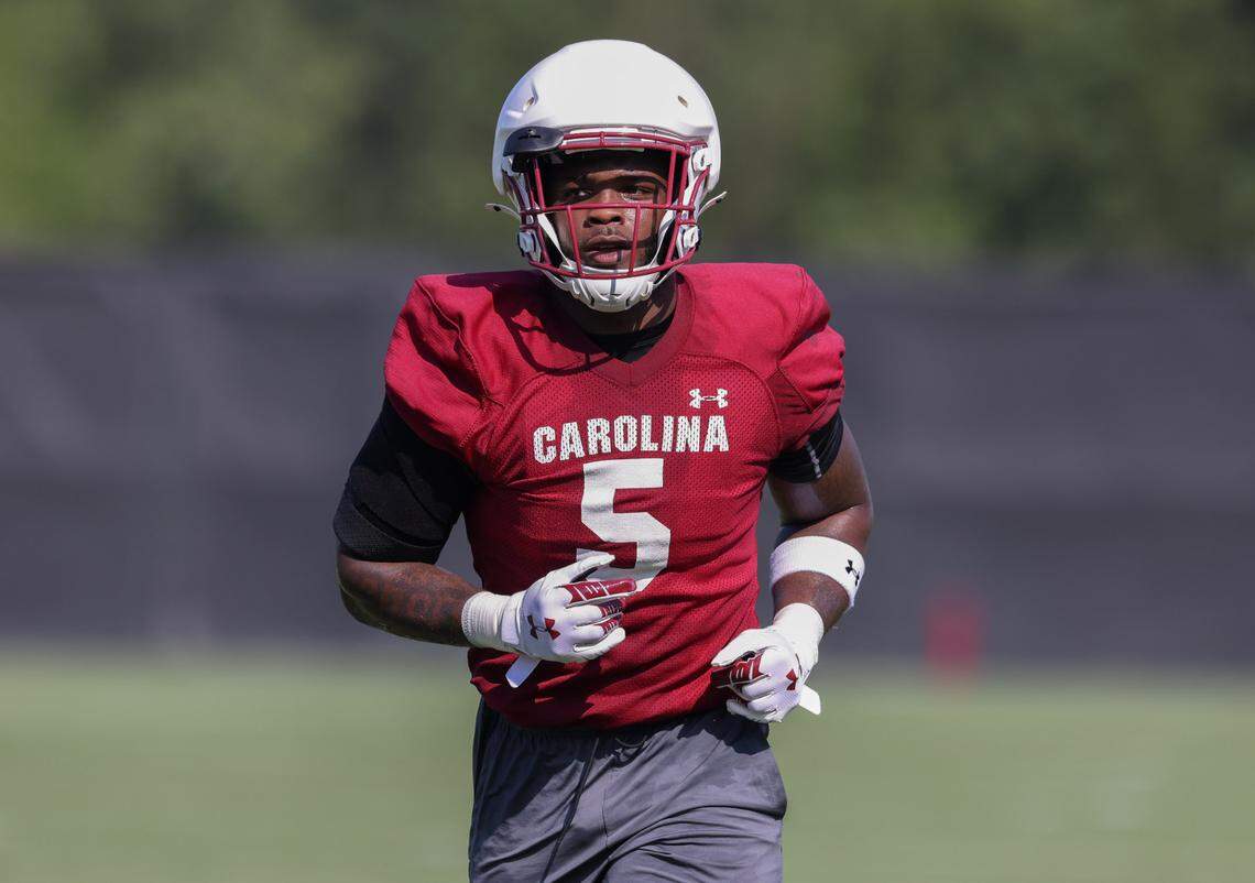 South Carolina running back Raheim Sanders (5) runs drills during practice in Columbia on Friday, August 2, 2024.