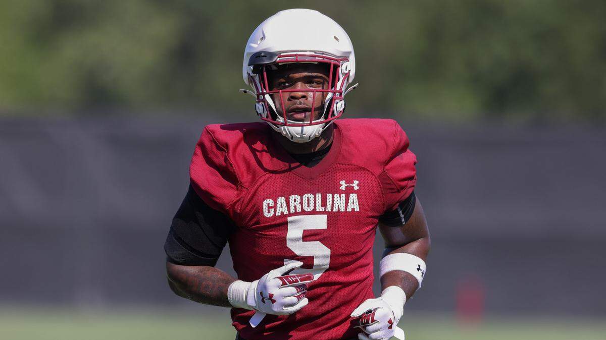South Carolina running back Raheim Sanders (5) runs drills during practice in Columbia on Friday, August 2, 2024.


