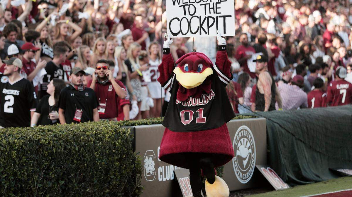 Cocky welcomes students to the South Carolina Gamecocks versus Eastern Illinois Panthers game at Williams-Brice Stadium on Saturday, September 4, 2021.