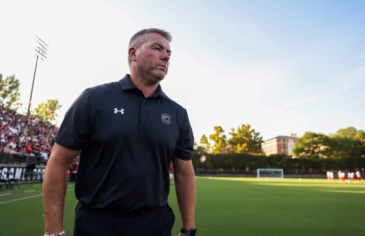 South Carolina head coach Tony Annan walks onto the field before the Gamecocks’ game against Tigers in Columbia on Friday, August 30, 2024.