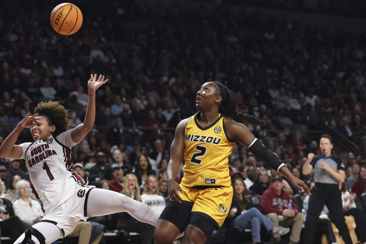 South Carolina's Maddy McDaniel (1) is fouled by Missouri’s Saniah Tyler (2) during the first half of action of their women's basketball game against Clemson at Colonial Life Arena on Thursday, Feb. 26, 2026.