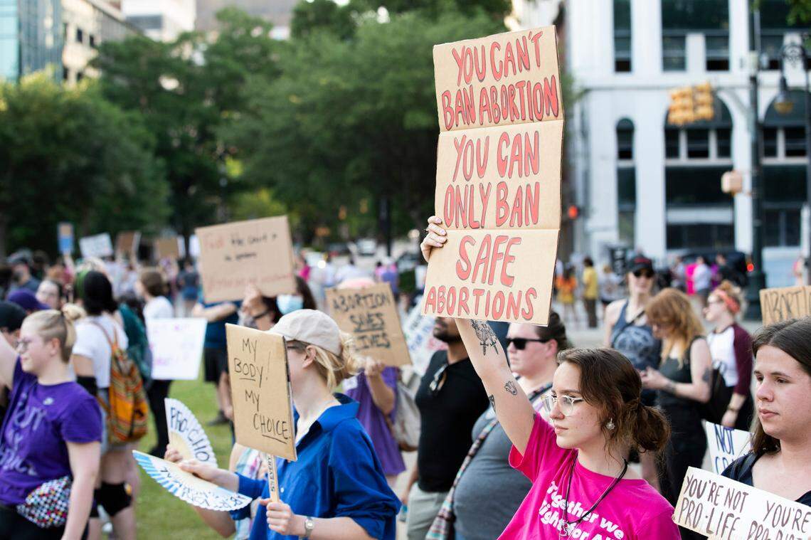Protestors show their support for legal abortion at the South Carolina Statehouse Wednesday, May 2, 2022. POLITICO reported Monday that an early draft of an upcoming Supreme Court decision would strike down Roe v. Wade, which would allow states to ban abortion.