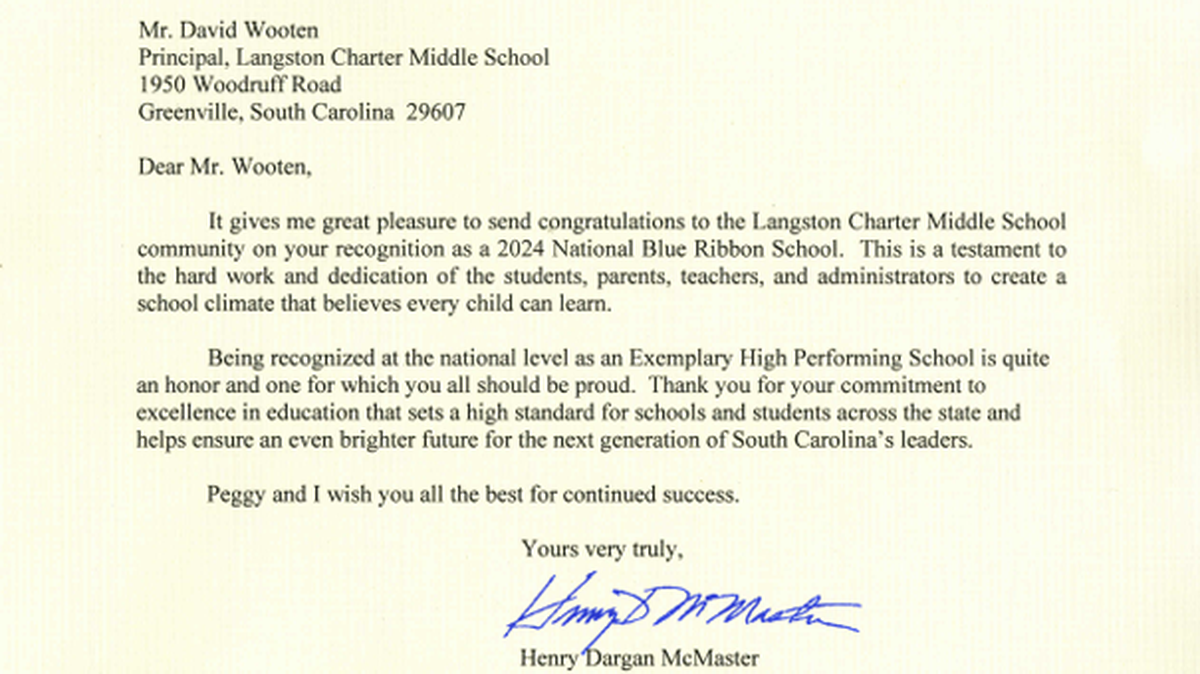 Gov. Henry McMaster wrote this letter to Langston Charter Middle School Principal David Wooten in November 2024 after the U.S. Department of Education recognized it as a National Blue Ribbon School.