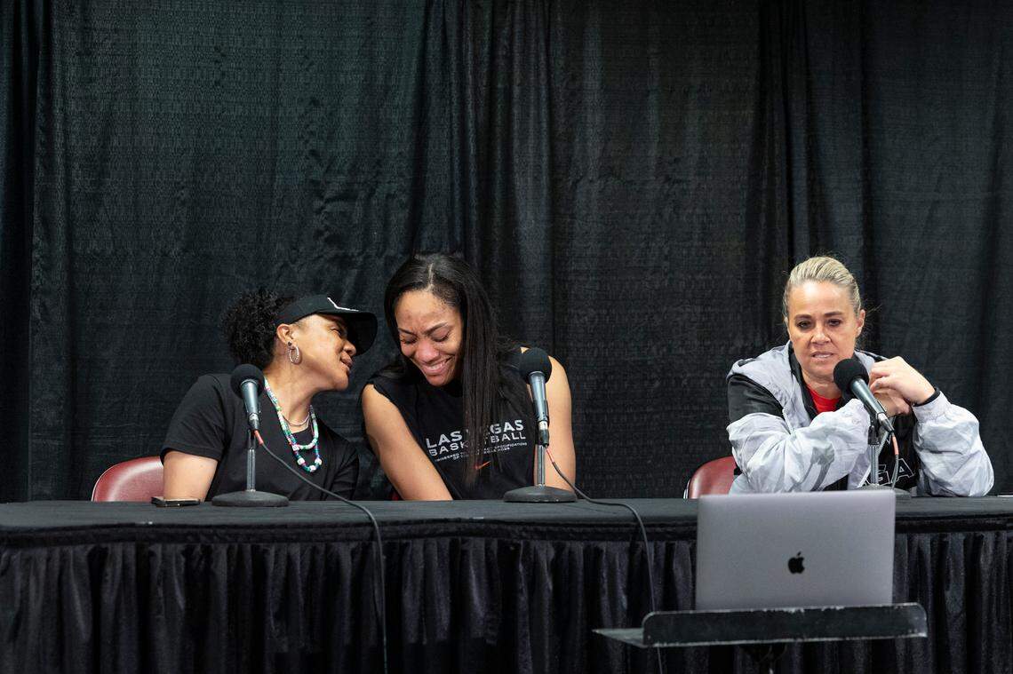University of South Carolina Head Coach Dawn Staley and A’ja Wilson laugh as Las Vegas Aces head coach Becky Hammon speaks during a press conference in the Colonial Life Arena on Friday, May 10, 2024. The Aces will play the Puerto Rico National team in an exhibition game.