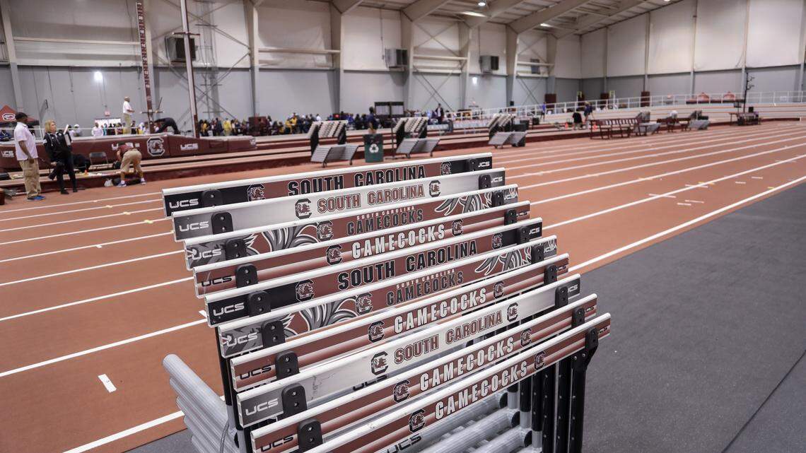 Gamecock logos line up on the hurdles in the new indoor track and field complex at USC. The former indoor football practice field has been converted to a state-of-the art indoor track and field complex. 1/18/19