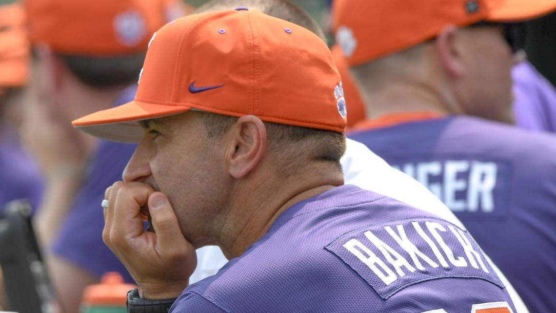 Clemson Head Coach Erik Bakich watches during the bottom of the eighth inning at the NCAA baseball Clemson Regional at Doug Kingsmore Stadium in Clemson, S.C. Sunday, June 1, 2025. Kentucky won 16-4, ending Clemson’s season.
