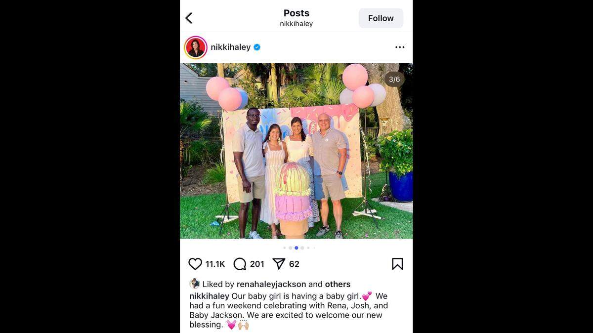 Former SC Gov. Nikki Haley announced via social media that her daughter Rena Haley Jackson is pregnant with a girl. Rena and her husband, Joshua Jackson, are expecting the child to be born in January. They have been married Since April 2023.