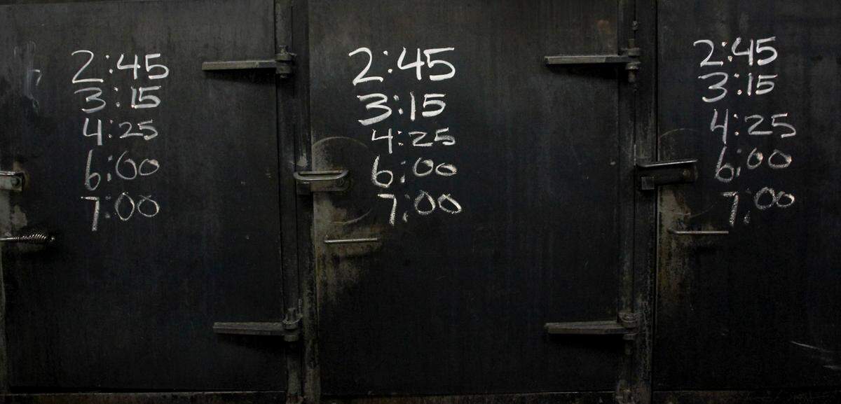 Times are written on the outside of the pits at Maurice’s Piggie Park BBQ to help workers keep track of when meats need to be pulled out. Oct. 11, 2023.