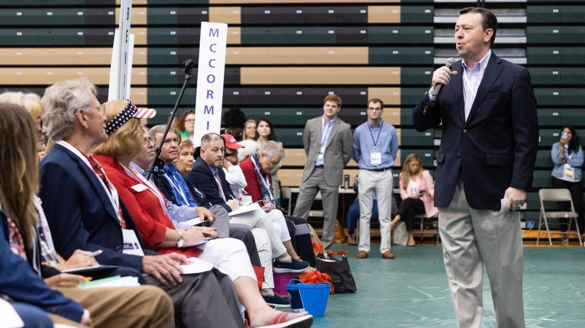 Drew McKissick, speaks to delegates at the South Carolina Republican Party speak during the state convention at River Bluff High School on Saturday, May 20, 2023. He is running to keep his role as party chair.