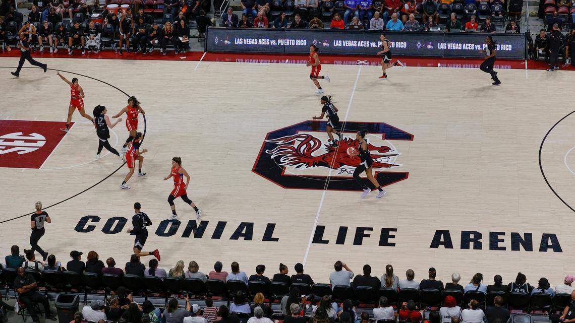 The Las Vegas Aces play the Puerto National Team in the Colonial Life Arena on Saturday, May 11, 2024.