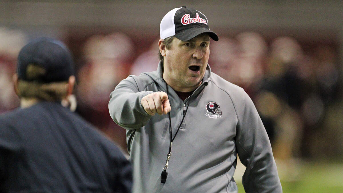 South Carolina coach Will Muschamp during spring practice on Thursday, March 5, 2020.
