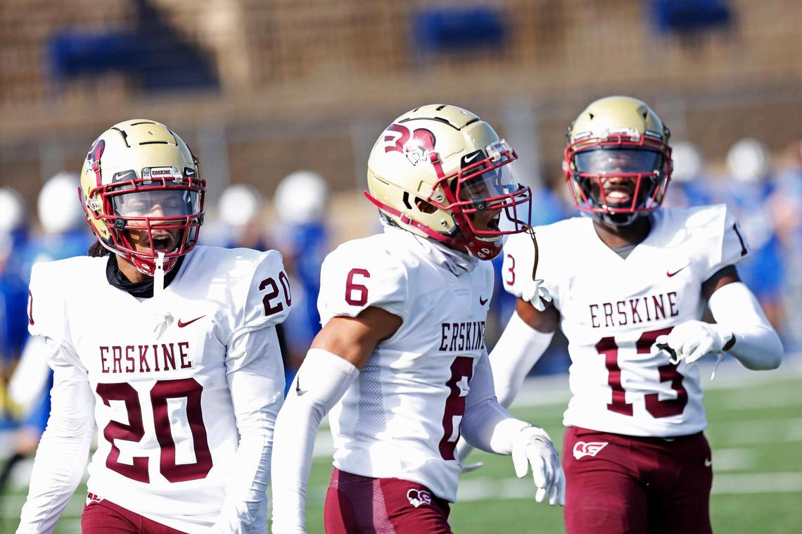 Erskine defensive backs Jaelan Harfield (6), Ja’laun Walton (20) and Jamal Barron (13) react after Hafield breaks up a pass Saturday.