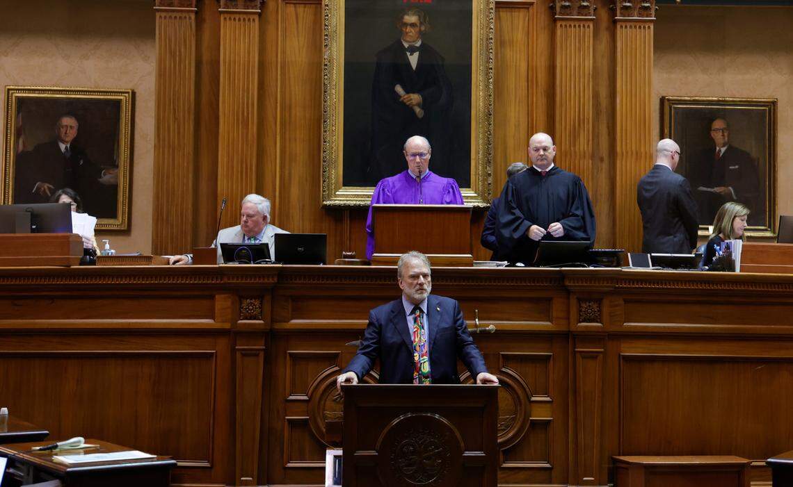 Sen. Brad Hutto, D-Orangeburg, speaks from the well in the South Carolina Senate chamber on Thursday, Sept. 08, 2022.