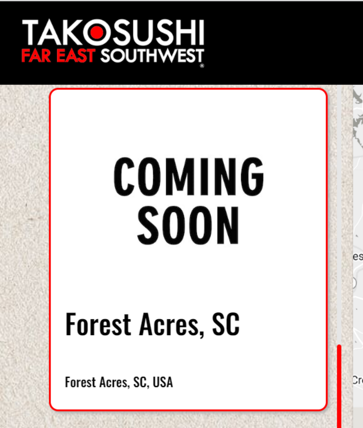 A screenshot from TakoSushi’s website says the restaurant is coming soon to Forest Acres, SC.