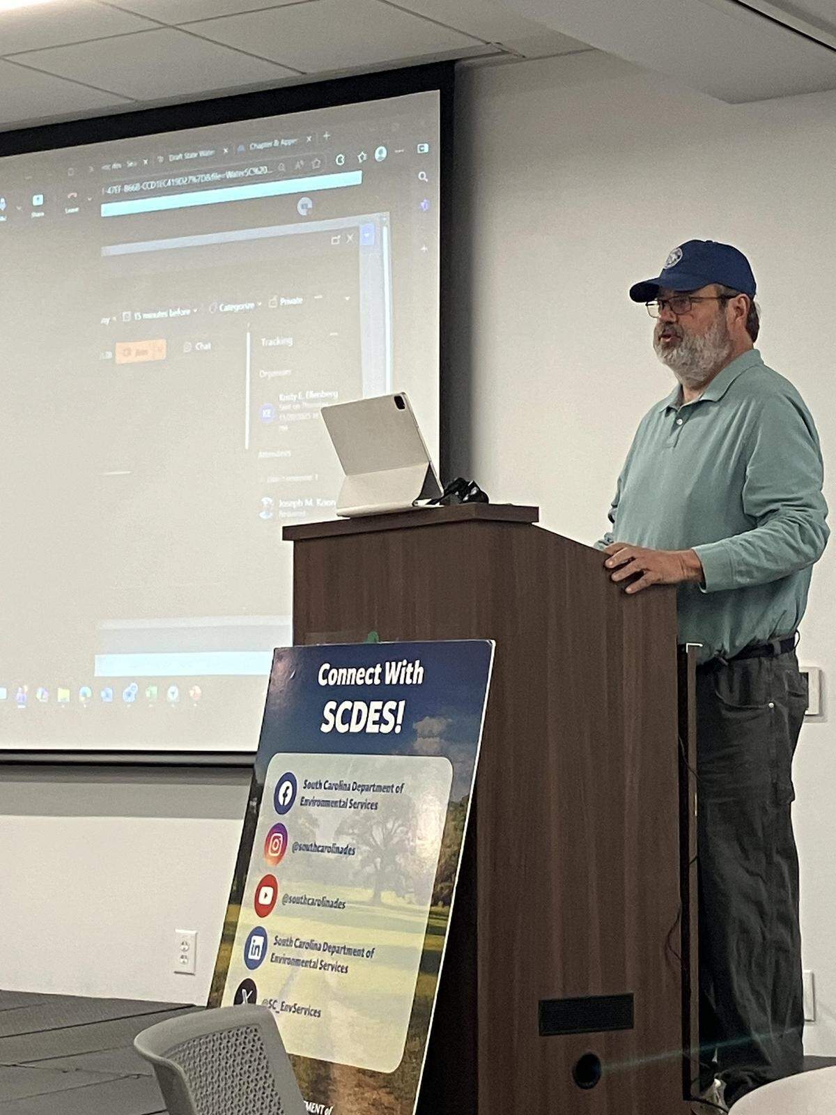 Edisto Riverkeeper Hugo Krispyn speaks at a hearing Nov. 20, 2025, on South Carolina’s draft state water plan. He urged improvements to the state’s water law.